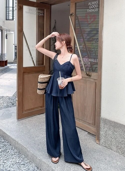 Vintage Denim Tank Top And Wide Leg Pants Set