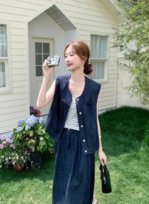 Vintage Denim Vest And Skirt Set