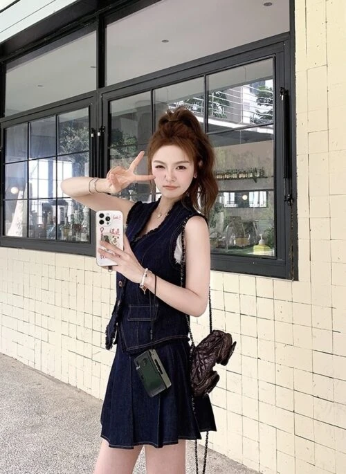 Vintage Denim Vest Pleated Skirt Outfit Set