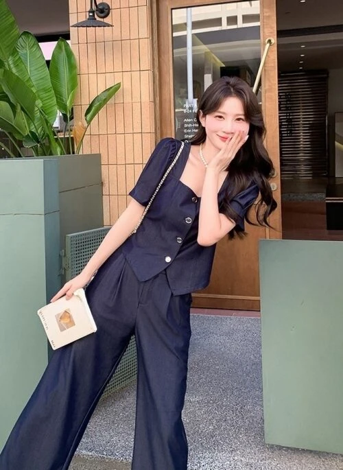 Vintage Denim Wide Leg Pants And Top Set