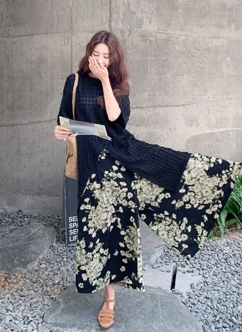 Vintage Floral Cardigan And Wide Leg Pants Set