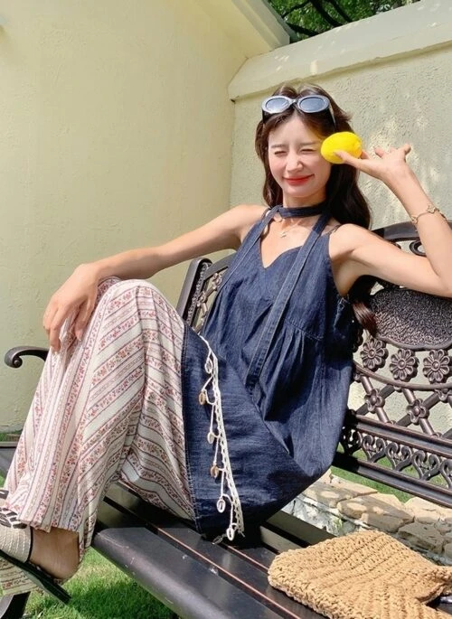 Vintage Floral Denim V Neck Wide Leg Jumpsuit Set