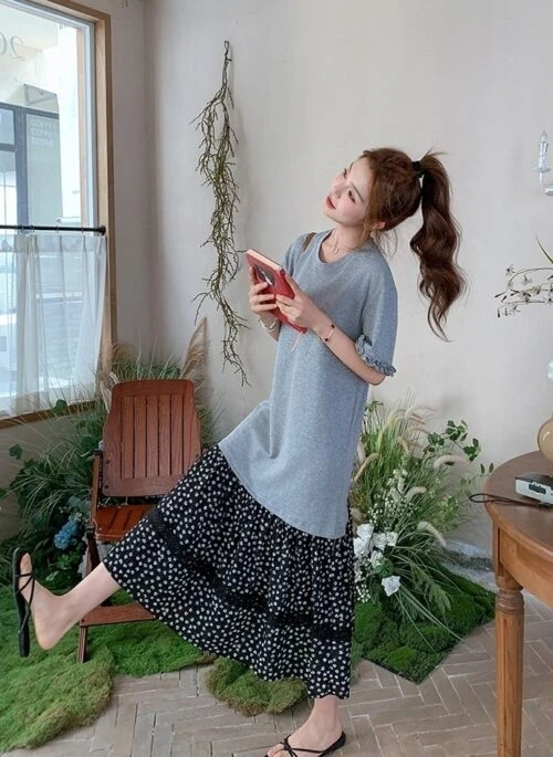 Vintage Floral Patchwork Ruffle Casual Loose T Shirt Dress