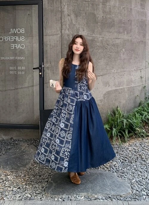 Vintage Floral Patchwork Sleeveless Maxi Dress