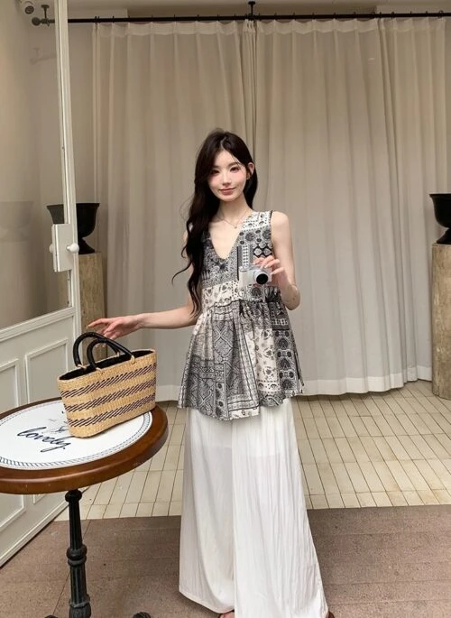 Vintage Floral Sleeveless Top Wide Leg Pants Set