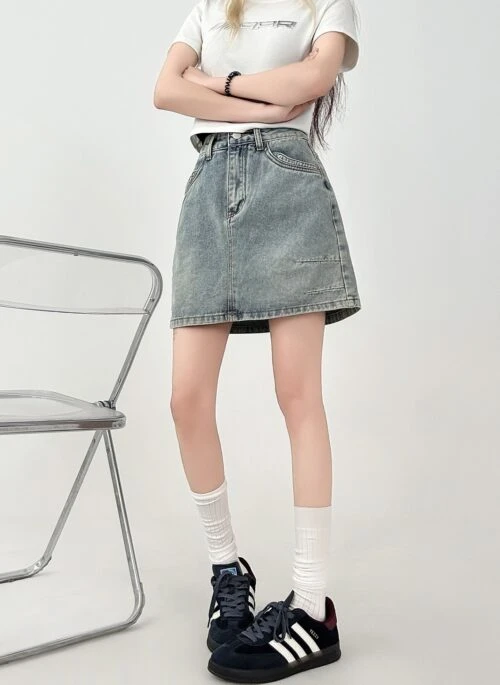 Vintage High Waist Blue A Line Mini Skirt
