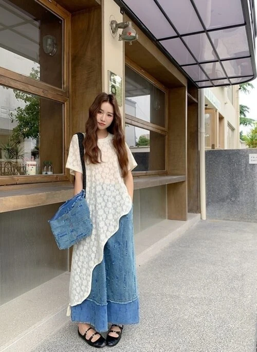 Vintage Irregular Top And Denim Skirt Outfit Set