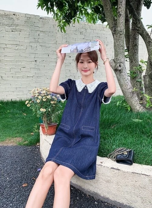 Vintage Lace Collar Denim Dress Summer Collection