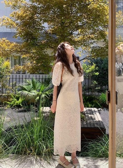 Vintage Lace Crochet Romantic Maxi Dress Cream