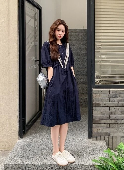 Vintage Lace Patchwork Short Sleeve Casual Maxi Dress