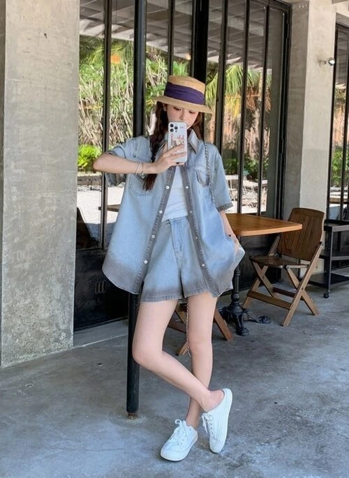Vintage Ombre Denim Shorts And Top Set