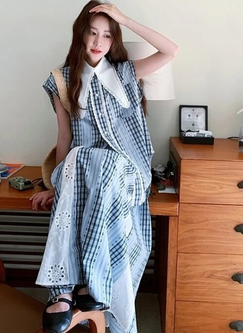 Vintage Plaid Lace Trim Sleeveless Top Skirt Set