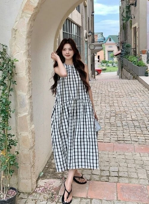 Vintage Plaid Sleeveless Casual Dress