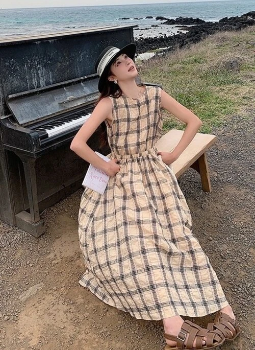 Vintage Plaid Sleeveless Waist Slimming Maxi Dress