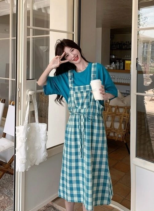 Vintage Plaid Suspender Dress Set With Top
