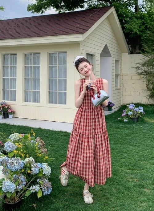 Vintage Plaid Sweet Sleeveless Waist Dress