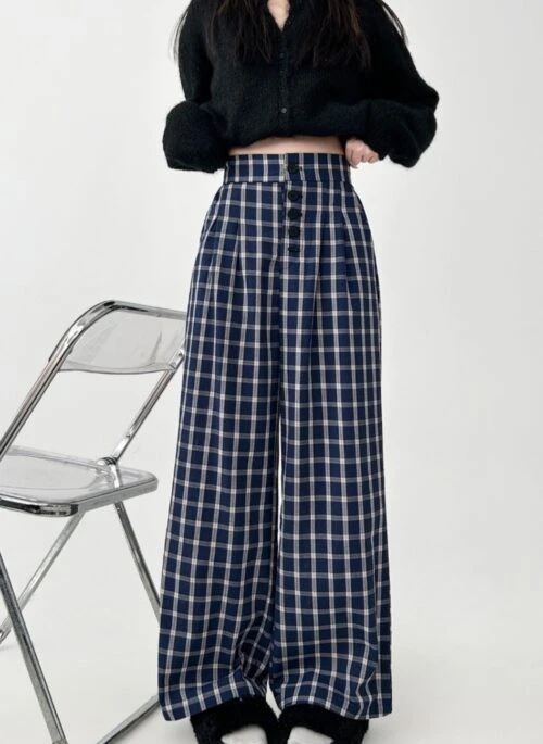 Vintage Plaid Wide Leg Casual Trousers