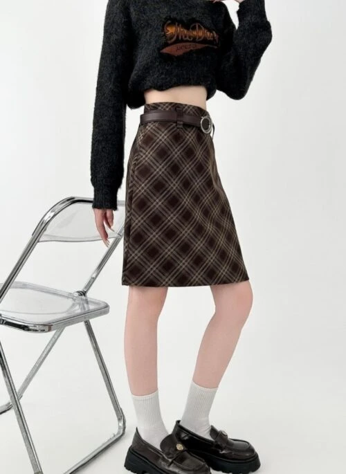 Vintage Plaid Wool A Line Midi Skirt