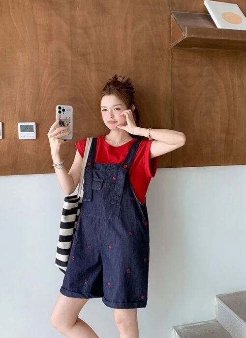 Vintage Red Heart Embroidered Denim Overalls Set