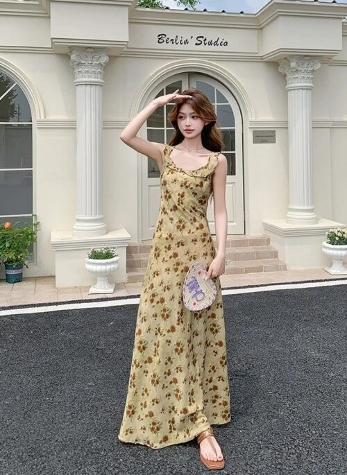 Vintage Rose Print Romantic French Style Sundress