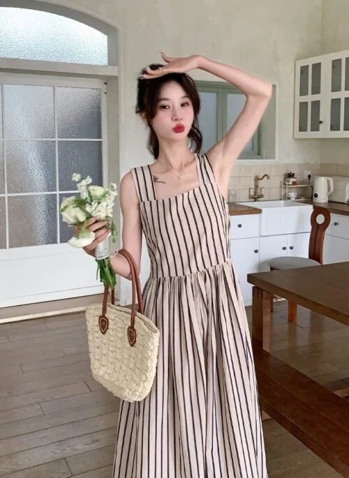 Vintage Striped Sleeveless Summer Maxi Dress