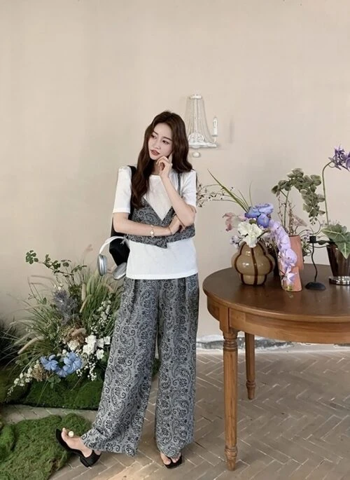 Vintage Style Print Top And Wide Leg Pants Set