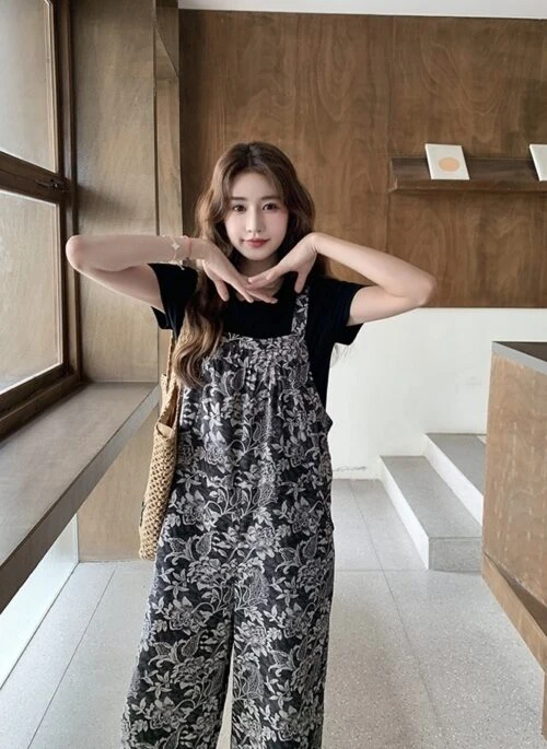 Vintage Style Printed Loose Fit Overalls