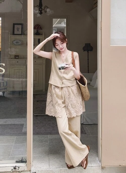 Vintage Style Relaxed Fit Vest And Wide Leg Pants Set