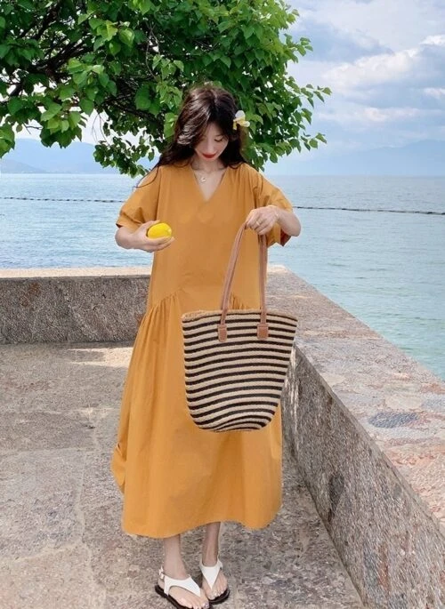 Vintage V Neck Elegant Flowy Summer Dress