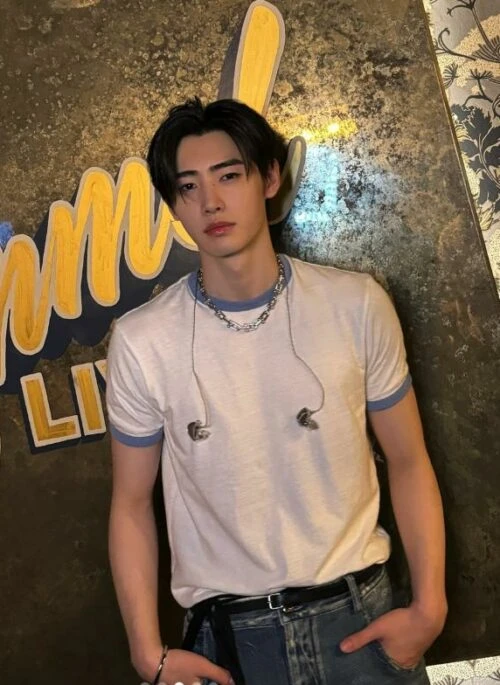 White And Blue Contrast-Trim T-Shirt | Sunghoon - Enhypen