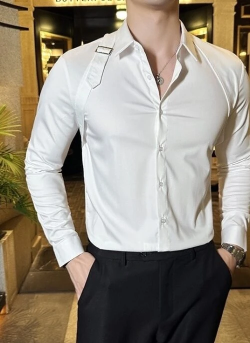 White Buckle-Strap Button-Up Shirt | Mingi – ATEEZ