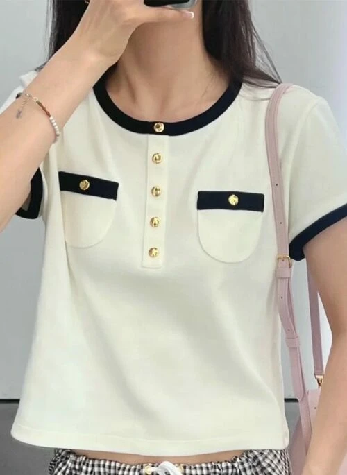 White Contrasting Linings Gold Half Buttons T-Shirt | Ahyeon – BabyMonster
