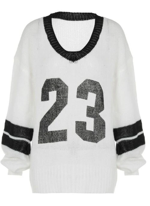 White Graphic Number Jersey Style Sweater | Minju – ILLIT