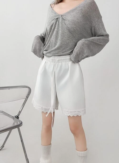 White Lace Trim High Waist Casual Wide Leg Shorts