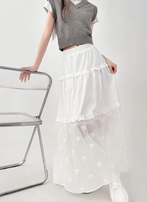 White Mesh Floral High Waist A Line Skirt
