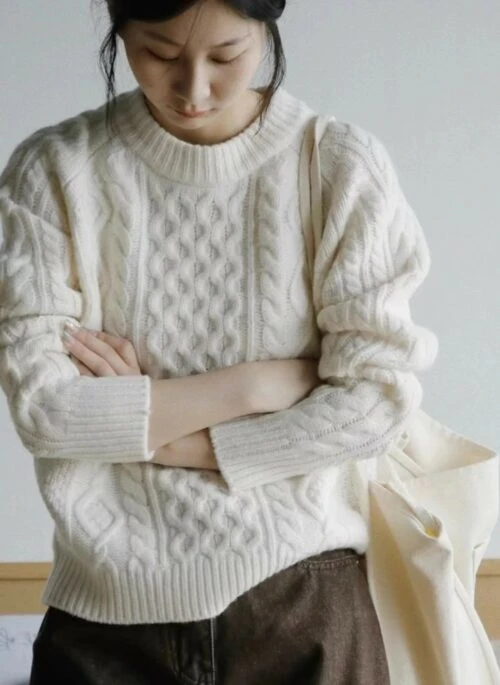 White Multi-Pattern Cable Knit Sweater | Mo Yeon Joo – Tastefully Yours
