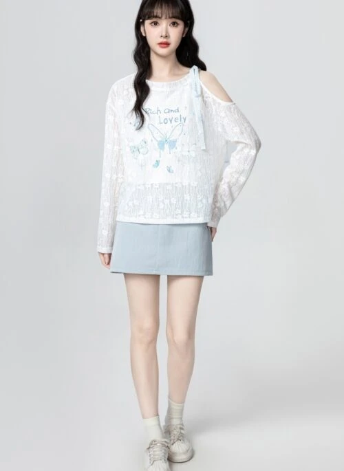 White Off Shoulder Long Sleeve Bow Tie Print Top