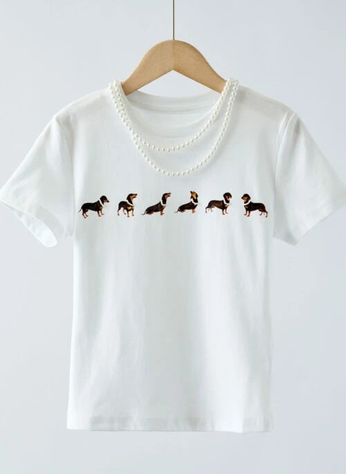 White Pearl Necklace Detail Dog Print T-Shirt | Haneul – Kiss Of Life
