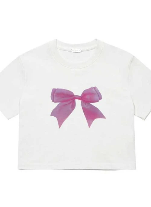 White Ribbon Print Cropped T-Shirt | Minnie - (G)I-DLE