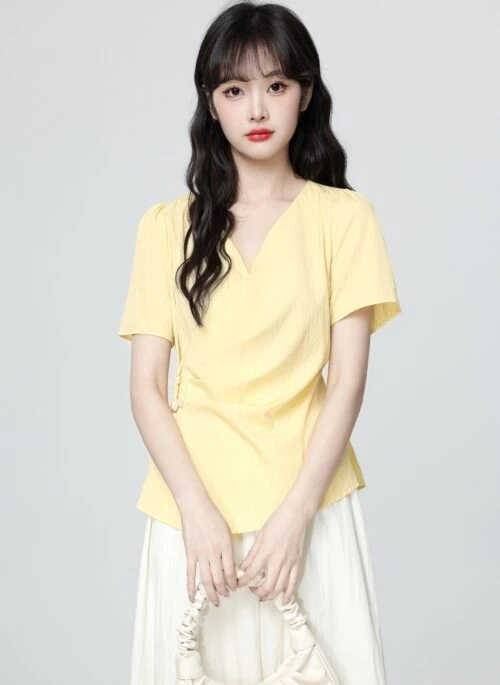 Yellow Cross V Neck Irregular Waist Short Sleeve Shirt