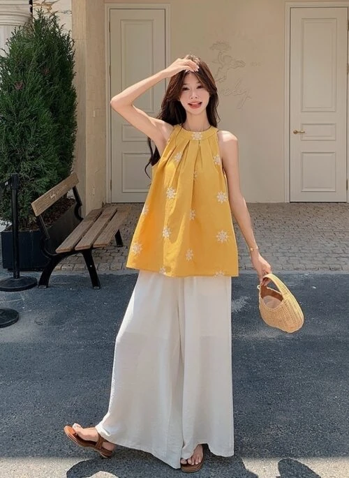 Yellow Embroidered Halter Top Wide Leg Pants Set