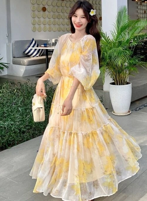 Yellow Floral Vacation Maxi Dress Elegant Playful Style