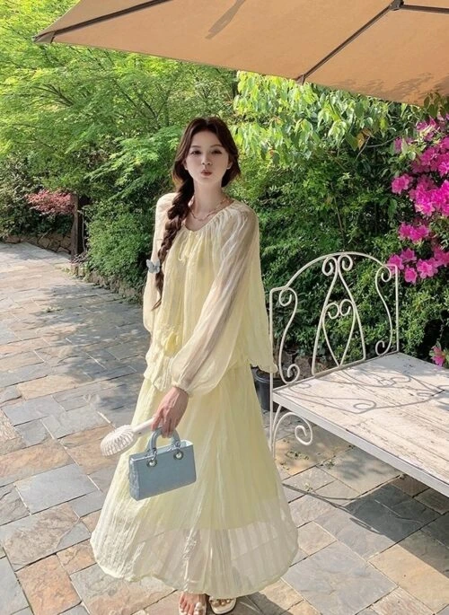 Yellow Fufu Lace Up Long Sleeve Top Skirt Set