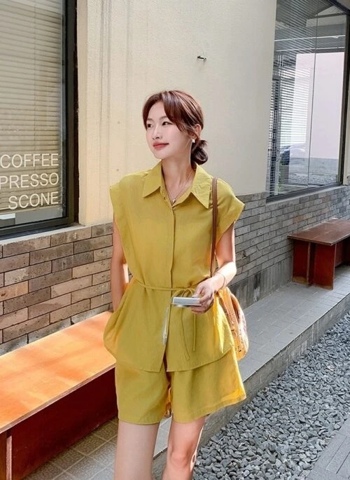 Yellow Korean Style Sleeveless Shirt Commuter Set