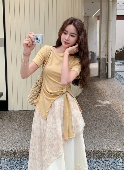 Yellow Patchwork Short Sleeve Top And Skirt Set