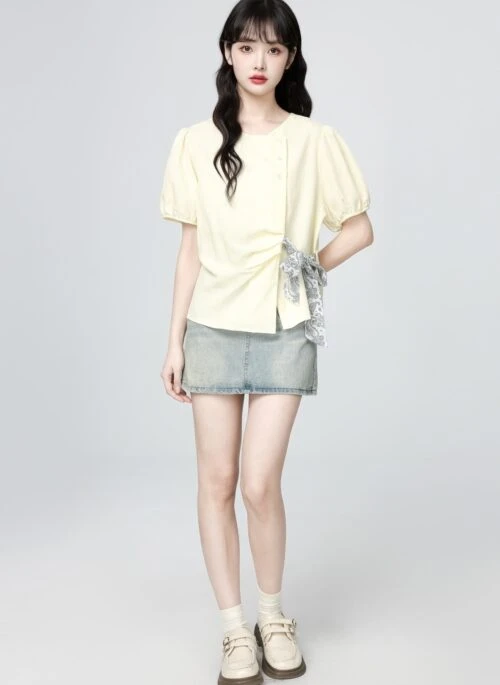 Yellow Puff Sleeve Bow Tie French Blouse