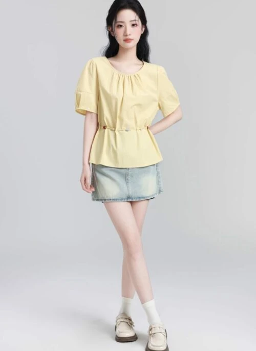 Yellow Puff Sleeve Short Waist Tie Shirt