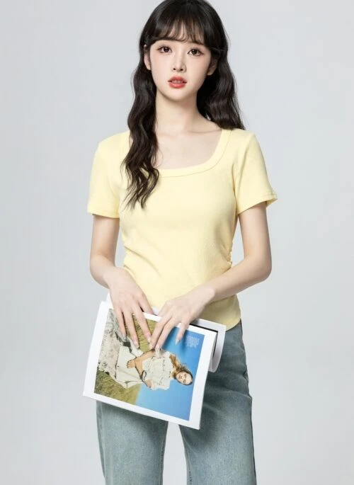 Yellow Ruched Short Sleeve Blouse