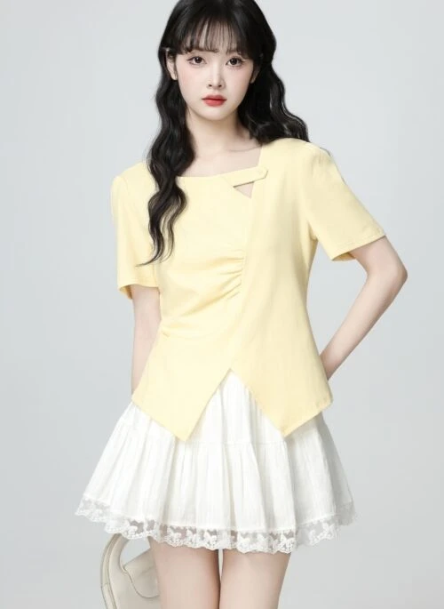 Yellow Ruched Slim Fit Split Hem Short Sleeve Top