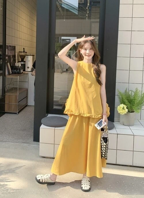 Yellow Ruffle Trim Sleeveless Top Skirt Set